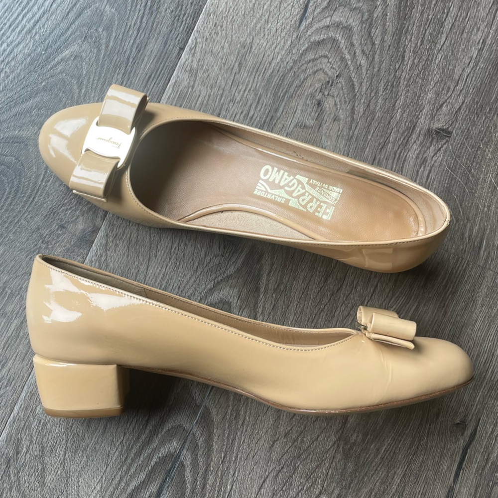 Salvatore Ferragamo Vara Patent Low-heel Pump in New Bisque in 6.5C or 36.5C